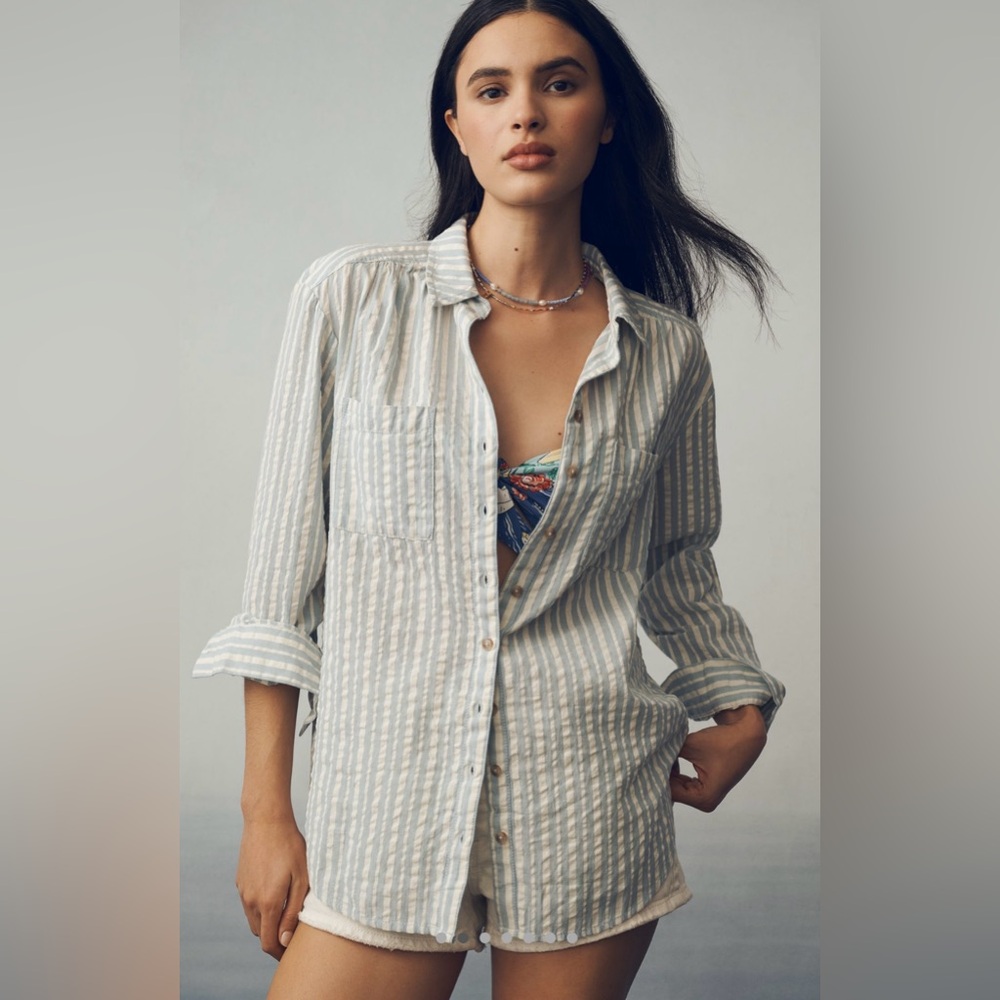 Like New! Anthropologie Blue and White Striped Button-Down Shirt